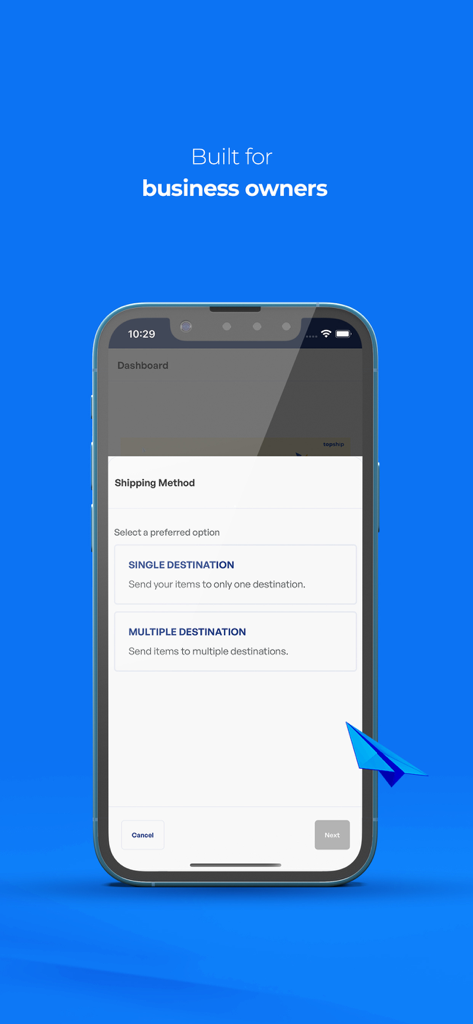 Topship - Interfaccia dell'app Topship che mostra le opzioni per destinazioni di spedizione singole o multiple.