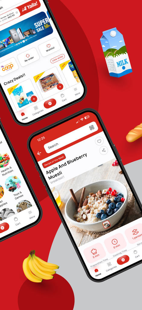 Sharjah Co-op - Sharjah Co-op app interface showing grocery categories and recipes