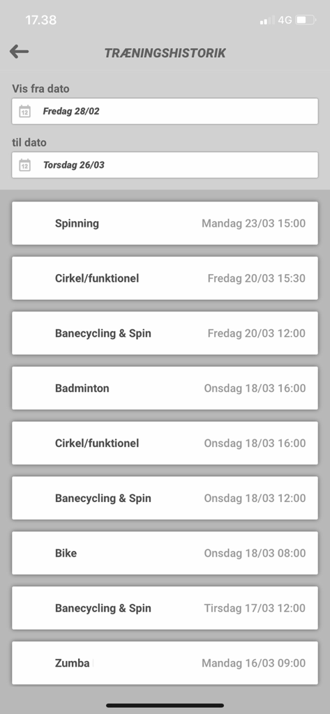 Sport Solution Booking - A mobile screen showing a user training history with a list of previous gym classes including spinning zumba and badminton