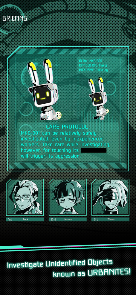 INSECTARIUM ALTERNATIVE MARCH - A digital briefing interface showing an Urbanite robot named Callio-py with investigator character profiles below.