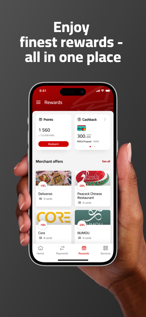 Gulf Bank Mobile Banking - Gulf Bank mobile banking rewards screen displaying loyalty points and merchant offers