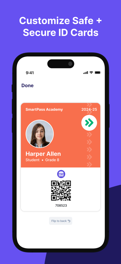 SmartPass Mobile - SmartPass Mobile app interface displaying a secure digital student ID card for Harper Allen with a QR code and school photo
