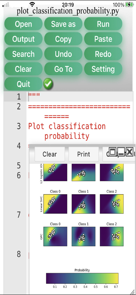 Analyser - Python code editor displaying machine learning classification probability charts