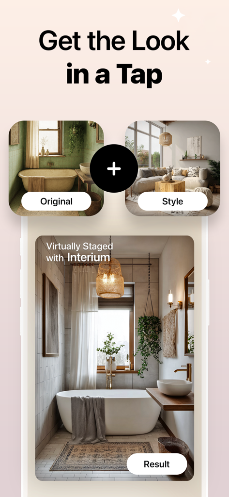 Interium - AI Home Design - A mobile app screenshot demonstrating the virtual staging process where an original bathroom is transformed into a modern design using AI.