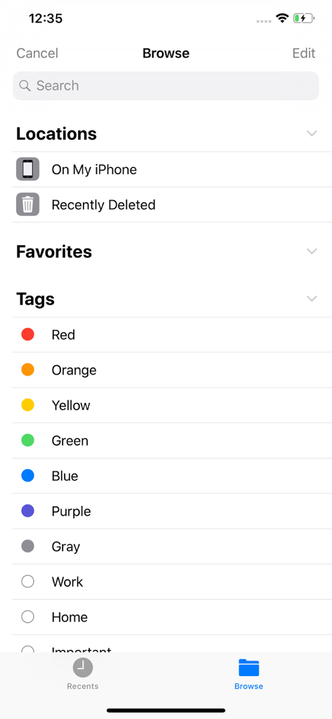VRPlayer : 2D 3D 360° Video - The browse screen of the VRPlayer app showing file locations like On My iPhone and various color-coded organizational tags.