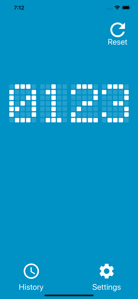 Tally Counter DIGITAL - Pantalla principal de Tally Counter DIGITAL que muestra un conteo de matriz de puntos de 0123 sobre fondo azul.