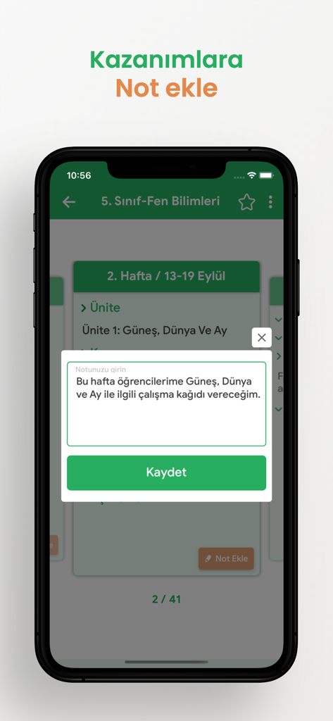 Kazanım Cepte: Yıllık Planlar - Oberfläche der Kazanım Cepte-App, die ein Popup zum Hinzufügen einer personalisierten Notiz zu einem naturwissenschaftlichen Lehrziel der 5. Klasse zeigt.