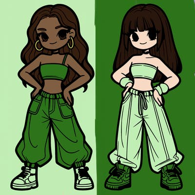 two girl in crop top and baggy pants
