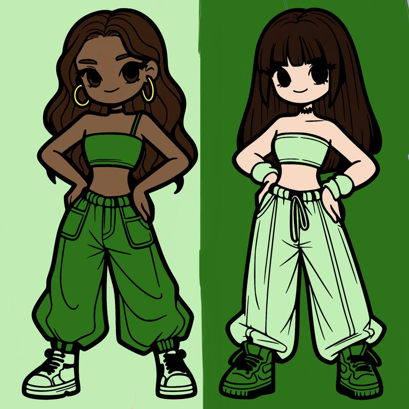 two girl in crop top and baggy pants