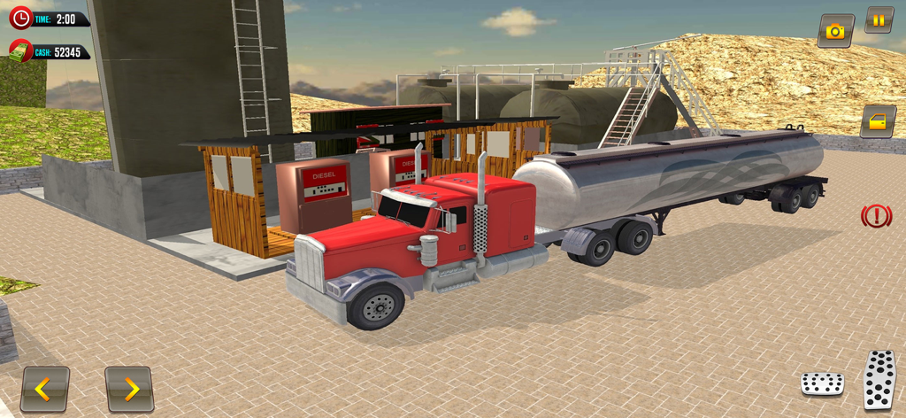 Oil Tanker Transporter Driving - A red oil tanker truck parked at a diesel depot in a driving simulation game
