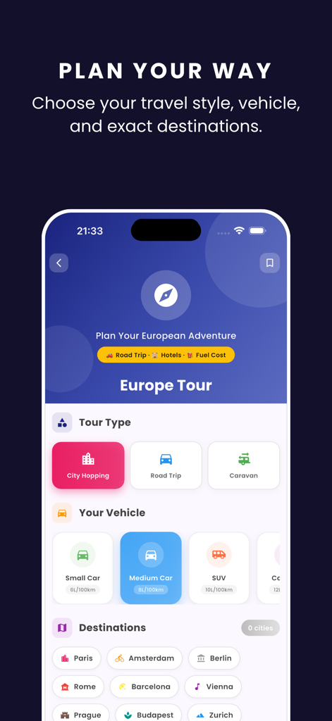 Tela do aplicativo Trip Planner AI para selecionar estilo de viagem, tipo de veículo e destinos