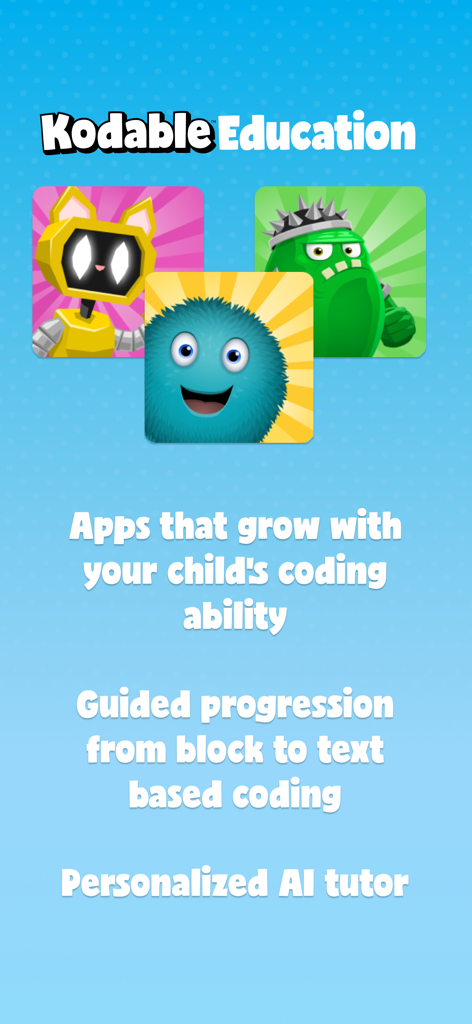 Kodable Basics - Tela Kodable Education com personagens coloridos e texto descrevendo a progressão guiada de codificação de blocos para texto