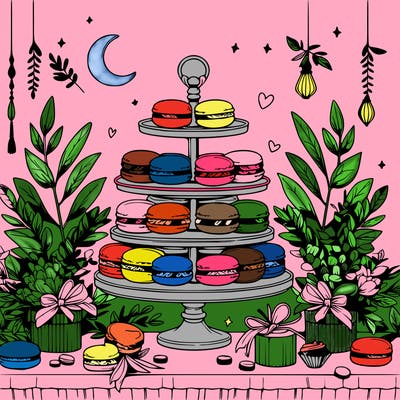 macaron display on a beautiful elegant table with eucalyptus leaves around it and small trinkets