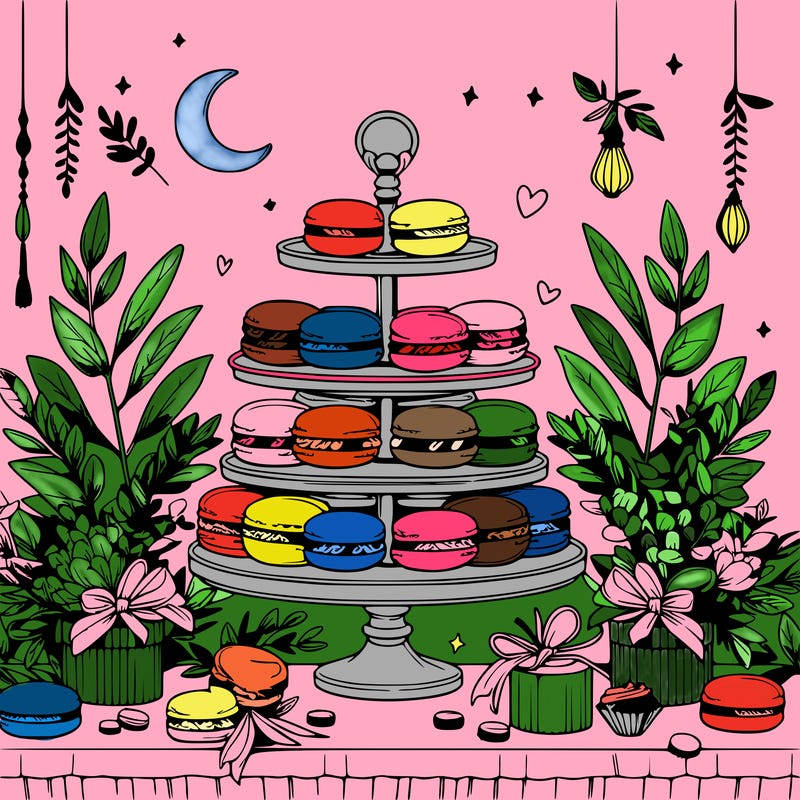 macaron display on a beautiful elegant table with eucalyptus leaves around it and small trinkets