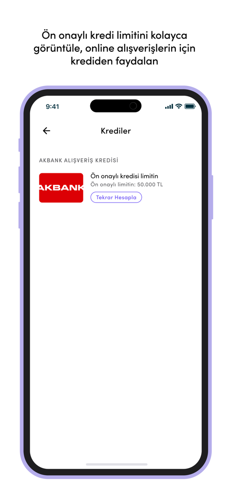 Juzdan - Interfaz de la aplicación móvil Juzdan mostrando un límite de crédito de compra preaprobado de Akbank