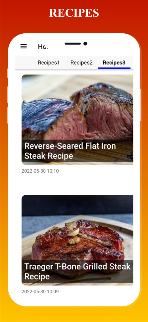 Blackstone Griddle Recipes - Mobile App-Oberfläche mit Rezepten für gegrillte Steaks, einschließlich Reverse-Sear-Flachfilet und T-Bone-Steaks
