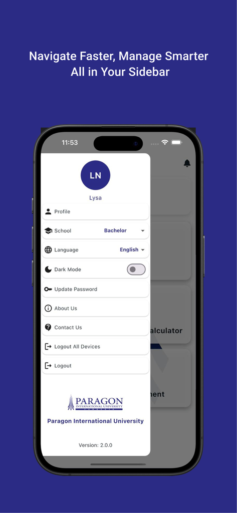 MyParagonU - Menú lateral en la aplicación MyParagonU que muestra el perfil del usuario y la configuración.