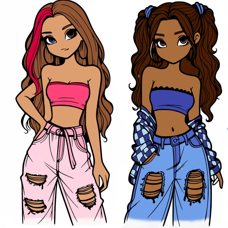 2 girls in crop tops and baggy jeans ripped