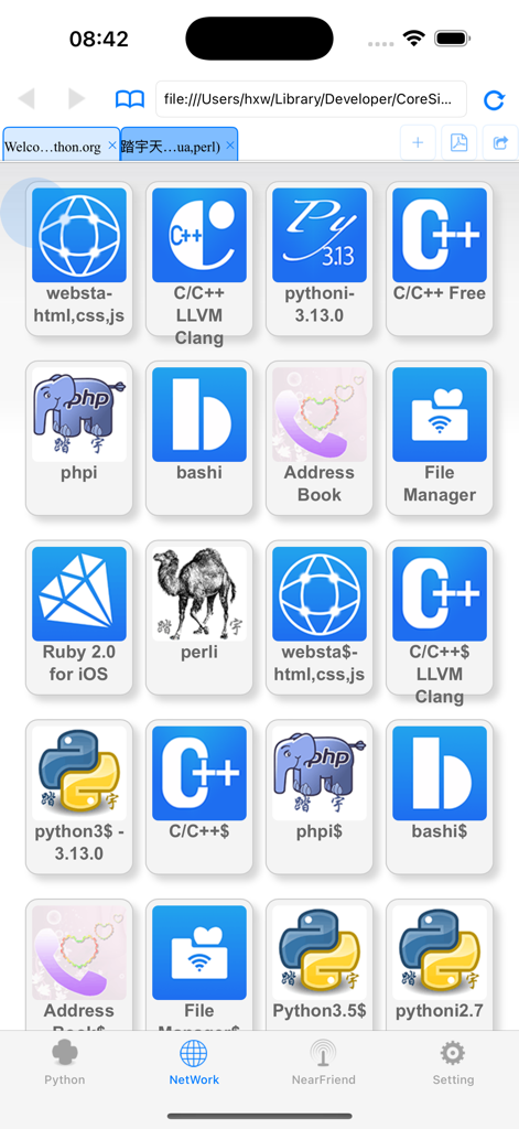 A mobile interface showing a collection of icons for programming languages like Python C plus plus and Ruby within the pythoni app
