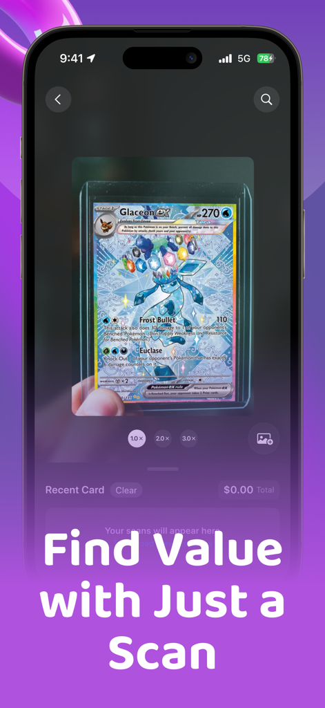 A smartphone screen displaying the Scanémon app scanning a Glaceon ex Pokemon card to identify its market value.