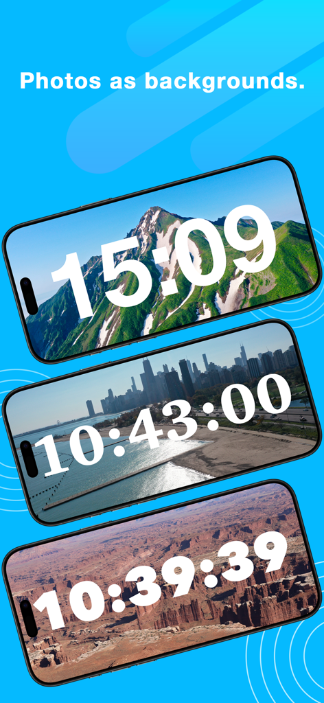 ClockZ | Clock Display + Alarm - Digital clock display with customizable photo backgrounds including mountains, cities, and deserts