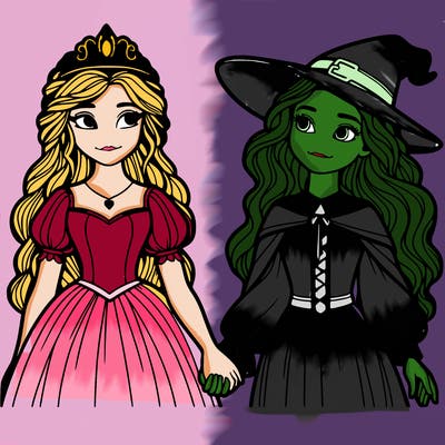 a princess and a witch holding hands realistic