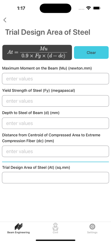 The Trial Design Area of Steel calculator interface in the Beam Engineering lite mobile application.