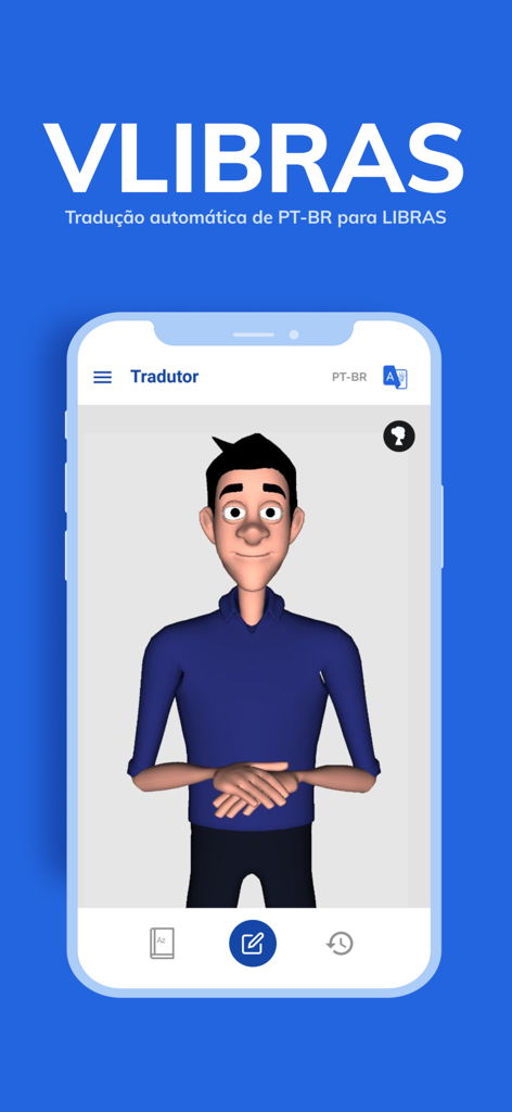 VLibras app interface featuring a 3D avatar for Brazilian Sign Language translation