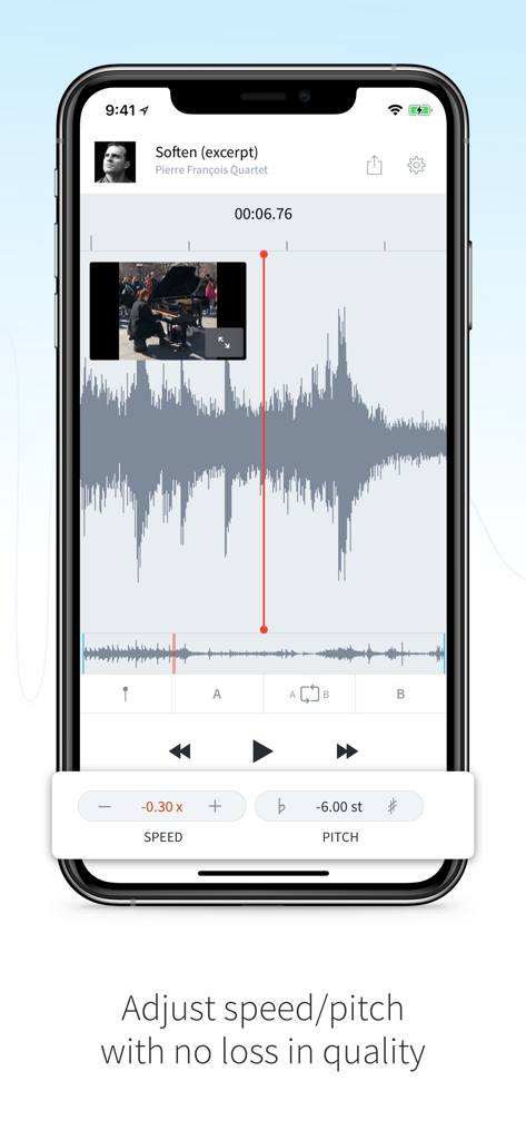 AudioStretch - AudioStretch app interface showing waveform scrubbing and pitch and speed adjustments for a music video