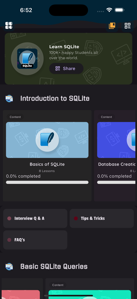 Learn SQLite Database - Home screen of the Learn SQLite Database app displaying lesson categories like Basics of SQLite and Interview Q and A