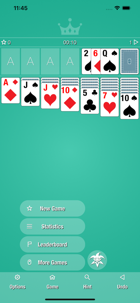 Simple Classic Solitaire - Gameplay screen of a classic solitaire mobile app featuring a card layout and a central menu with options for New Game, Statistics, and Leaderboard.