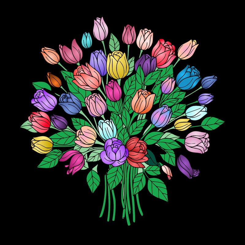 a large bouquet of flowers, all closed lines