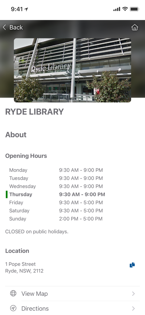 City of Ryde Libraries - Ryde Library branch information including opening hours and location