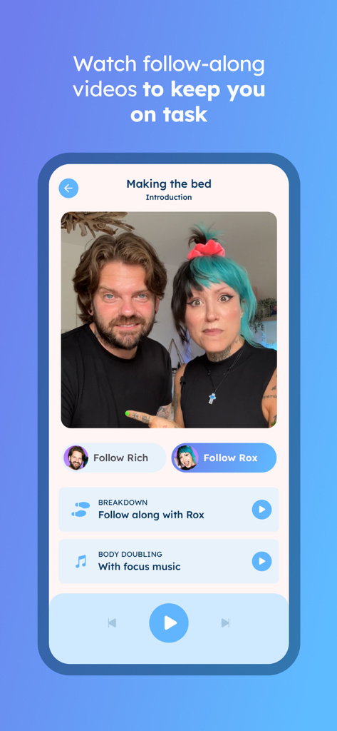 dubbii: the body doubling app - Screenshot dell'app dubbii che mostra un video di body doubling da seguire per rifare il letto