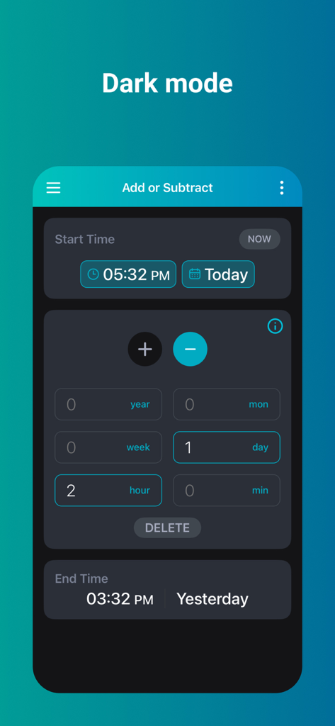 Time Calculator app interface displaying the add or subtract time feature in dark mode