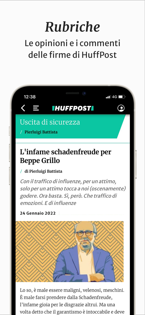 HuffPost Italia - HuffPost Italia app screen displaying the opinion columns section and an article header.