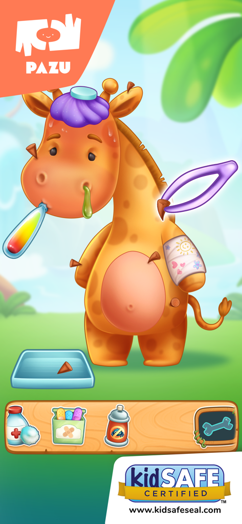 Una giraffa cartone animato curata con strumenti medici e bende nel gioco Jungle Vet Care per bambini