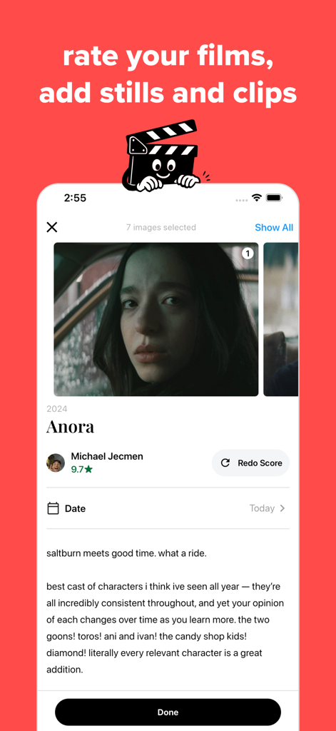Flick: Rate Movies & Shows - Mobile interface of the Flick app showing a movie review with an attached film still and a numerical rating