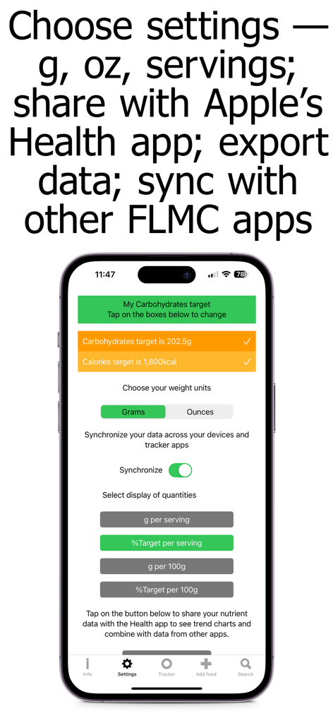 Carb Counter and Tracker - Settings screen for choosing weight units and syncing with health apps.