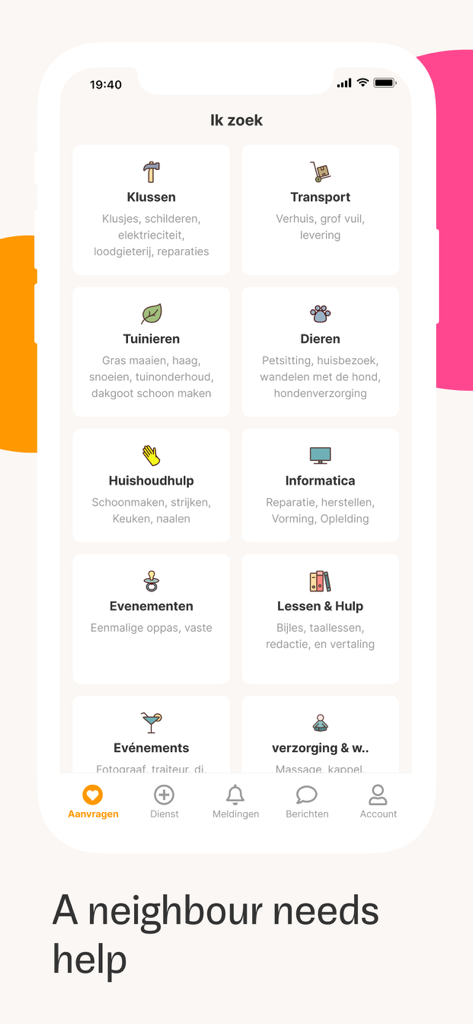 Ring Twice - Ring Twice mobile app interface showing a grid of service categories including home repairs, gardening, and pet sitting.
