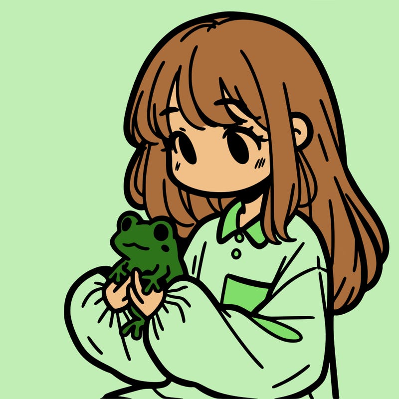 girl with long hair and a oversized shirt. and she is holding a frog