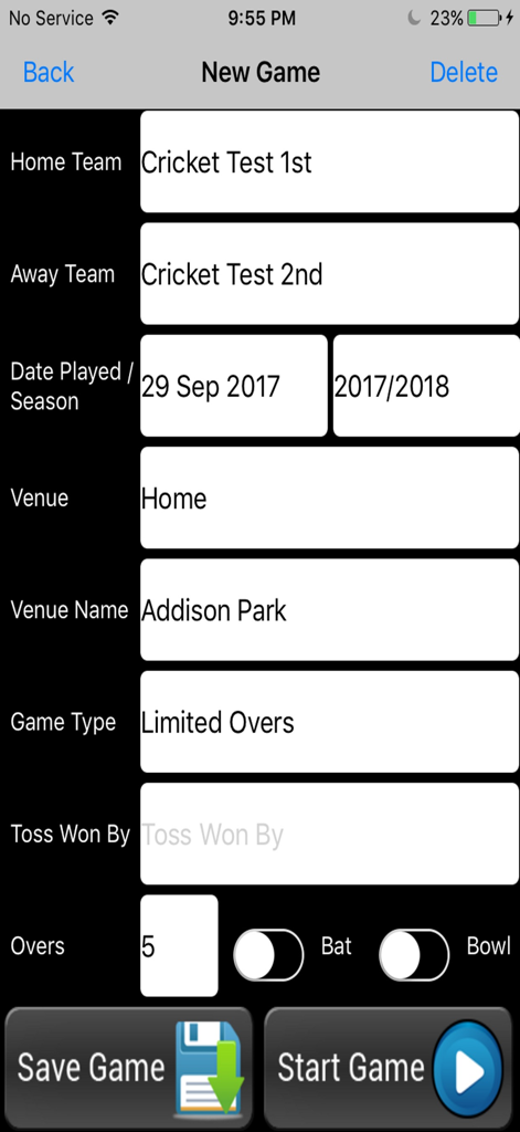 WebCricket new game setup screen with team and venue fields