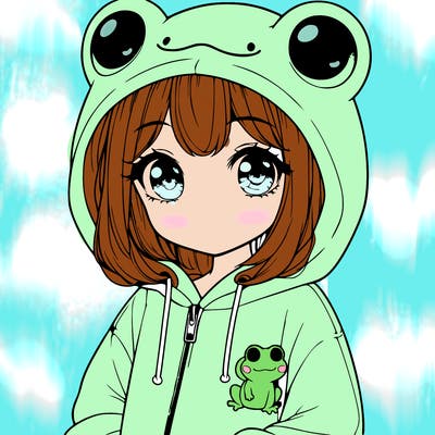 cute realistic girl in a froggy hoodie