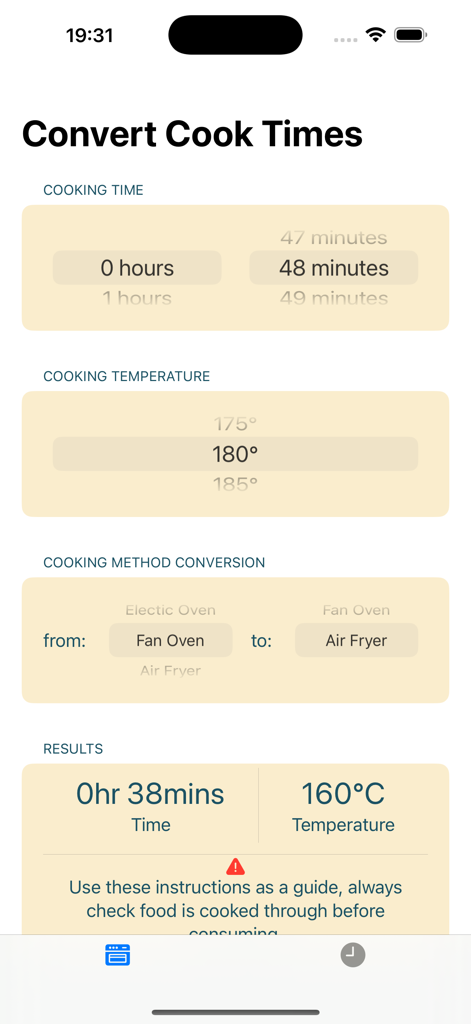 Cook Times Calculator - Air fryer conversion screen in the Cook Times Calculator app showing time and temperature results for a fan oven to air fryer calculation