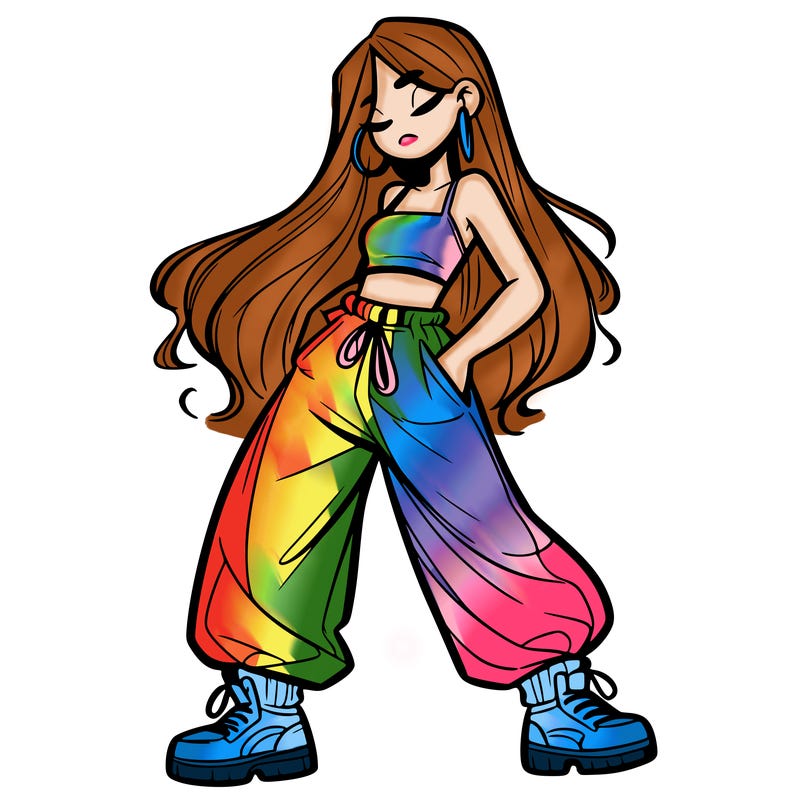 girl in baggy pants crop top and long hair