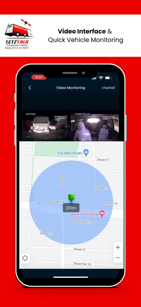 Interface de l'application LetzTalk Video montrant les flux de caméras en direct et le suivi de la carte GPS pour la surveillance des véhicules
