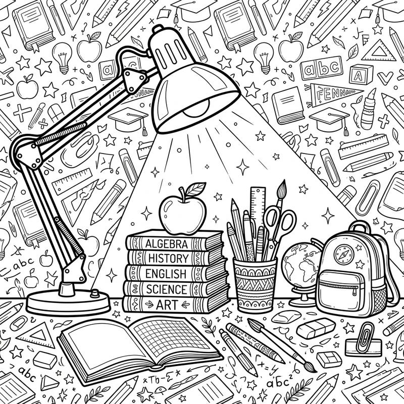 Get ready for a new academic year with this intricate Back to School coloring page, showcasing a classic desk lamp illuminating essential study supplies. Dive into a world of books, pencils, and apples, perfect for students of all ages eager to personalize their learning journey.