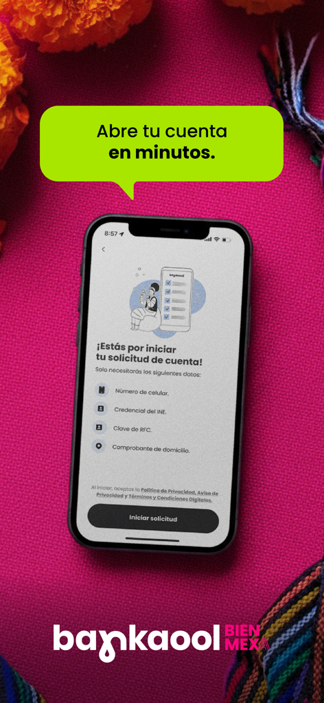 Bankaool Móvil - Bankaool Movil mobile app interface showing how to open a digital bank account in minutes.
