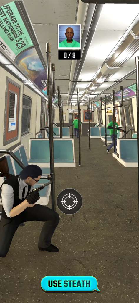 An elite agent crouching in a subway car during a stealth mission in Agent Hunt