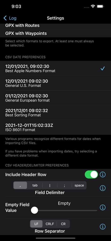 Log GPS - Log GPS App-Einstellungen-Bildschirm zur Konfiguration von CSV-Exportdatumsformaten und Feldtrennern